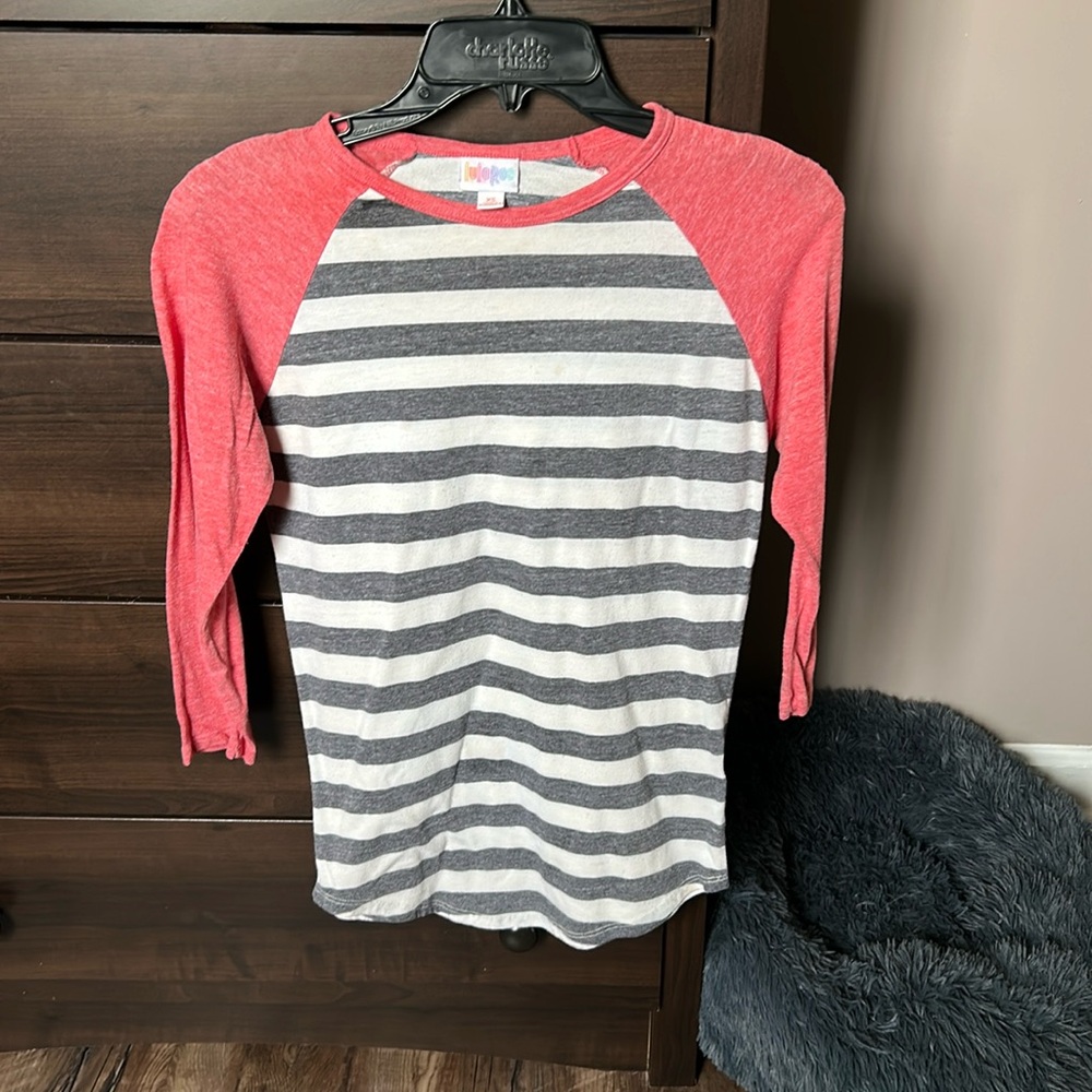 LulaRoe Striped Gray and Red Raglan Shirt, 2 spot showing on picture